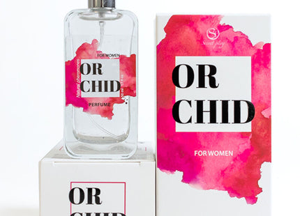 Klarer glasparfümflakon mit silbernem sprühkopf und rosa aquarelletikett der marke or chid für damen secretplay orchidee pheromon parfumspray 50 ml