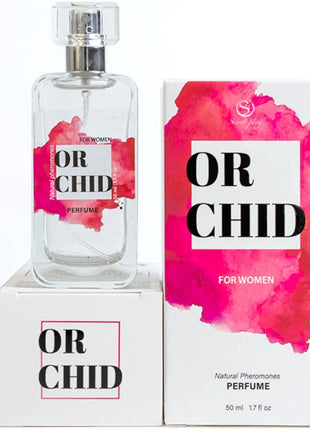 Klarer glasparfümflakon mit silbernem sprühkopf und rosa aquarelletikett der marke or chid für damen secretplay orchidee pheromon parfumspray 50 ml