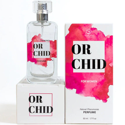 Klarer glasparfümflakon mit silbernem sprühkopf und rosa aquarelletikett der marke or chid für damen secretplay orchidee pheromon parfumspray 50 ml