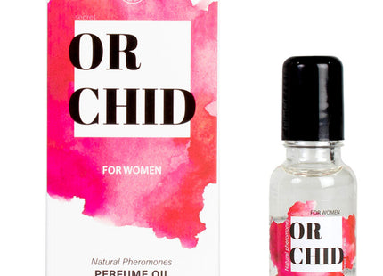 Eine klare glasflasche mit schwarzem deckel und rosa aquarelle etikett enthält secretplay orchideen-parfümöl mit natürlichen pheromonen 20 ml