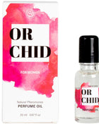 Eine klare glasflasche mit schwarzem deckel und rosa aquarelle etikett enthält secretplay orchideen-parfümöl mit natürlichen pheromonen 20 ml