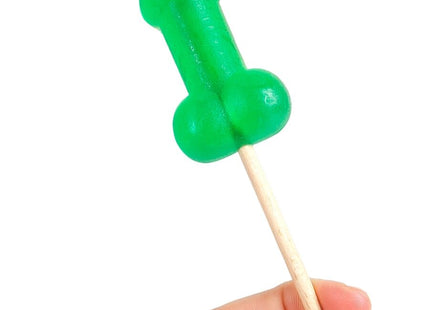 Grüner transparenter penis-lutscher mit minzsüßigkeiten und kühleffekt auf einem holzstiel
