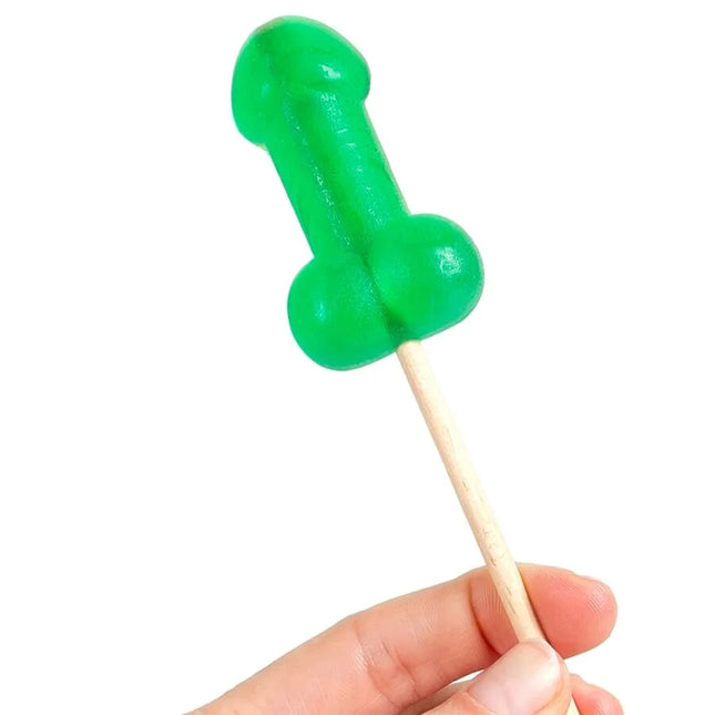 Grüner transparenter penis-lutscher mit minzsüßigkeiten und kühleffekt auf einem holzstiel