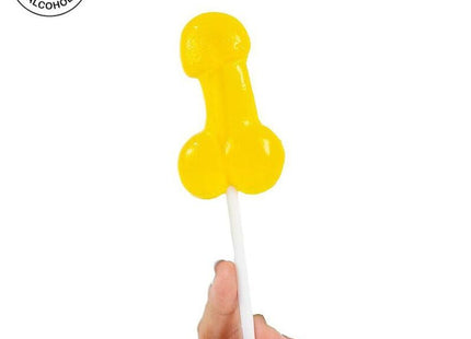 Ein leuchtend gelber, glänzender lutscher in phallusform mit weißem stiel aus der serie secretplay schwanlutscher mit alkohol-ananas-colada