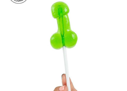 Ein leuchtend grüner, glänzender lutscher in phallusform mit weißem stiel von secretplay mit alkohol-caipirinha geschmack