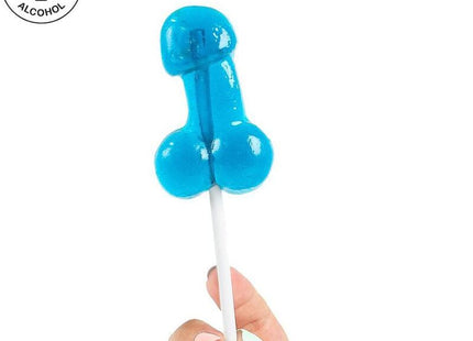 Ein glänzender blau-lackierter lutscher in phallusform auf weißem stiel mit gin und tonic aromafüllung