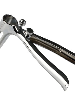 Shiny chrome medizinspekulum von seven creations mit gebogenen griffen und verstellbarem knopfen