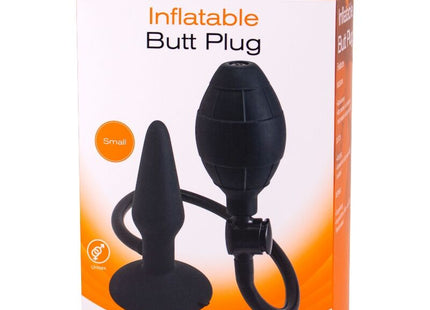 Schwarzer silikon aufblasbarer butt plug mit bauchiger kammer und spitz zulaufender spitze in oranger box von silicone pleasure