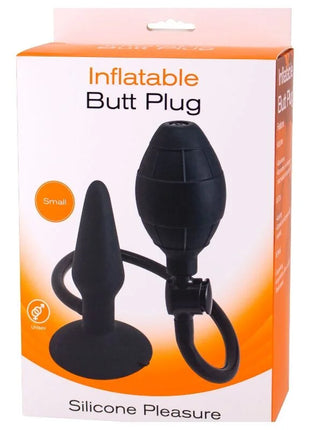 Schwarzer silikon aufblasbarer butt plug mit bauchiger kammer und spitz zulaufender spitze in oranger box von silicone pleasure