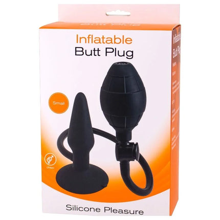 Schwarzer silikon aufblasbarer butt plug mit bauchiger kammer und spitz zulaufender spitze in oranger box von silicone pleasure