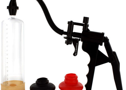 Schwarze kunststoff-pumpe mit klarem glaszylinder und rot-schwarzen saugfüßen von seven creations für perfekte peniserektion
