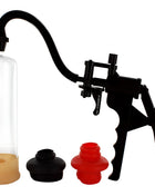 Schwarze kunststoff-pumpe mit klarem glaszylinder und rot-schwarzen saugfüßen von seven creations für perfekte peniserektion
