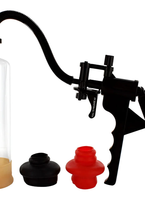 Schwarze kunststoff-pumpe mit klarem glaszylinder und rot-schwarzen saugfüßen von seven creations für perfekte peniserektion