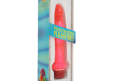 Ein lebhafter pinkfarbener glänzender silikon analvibrator von seven creations mit rotem sockel und strukturierter grifffläche