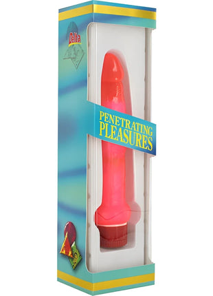 Ein lebhafter pinkfarbener glänzender silikon analvibrator von seven creations mit rotem sockel und strukturierter grifffläche