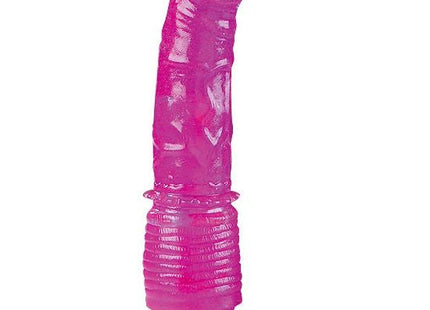 Pink transparenter silikonvibrator mit strukturierten rippen und schwarzem rot detailliertem basis von seven creations