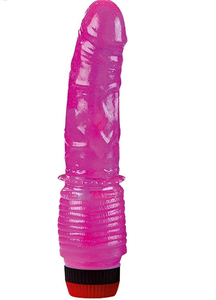 Pink transparenter silikonvibrator mit strukturierten rippen und schwarzem rot detailliertem basis von seven creations