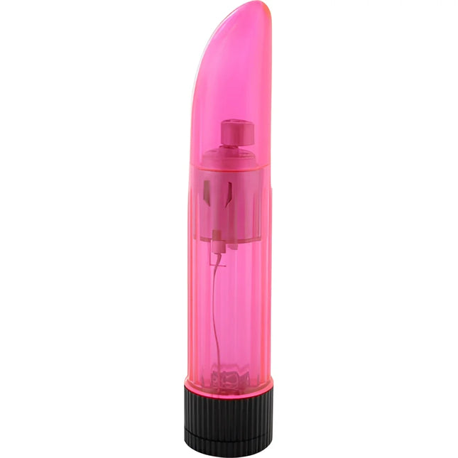 Pinkfarbener durchsichtiger vibrator aus kunststoff mit schwarzer strukturierter basis von seven creations kristallklarer vibrator lady rosa