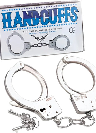 Silverfarbene Metallhandschellen mit Kette und zwei deluxe Schlüsseln in SEVEN CREATIONS Verpackung