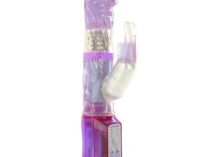 Violetter und durchsichtiger plastik vibrierender rabbit toy mit bedienfeld am fuß seven creations mini-raubende hase