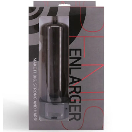 Schwarzer zylindrischer penispumpenvergrößerer aus kunststoff in transparenter verpackung mit grauem und pinkem branding von seven creations