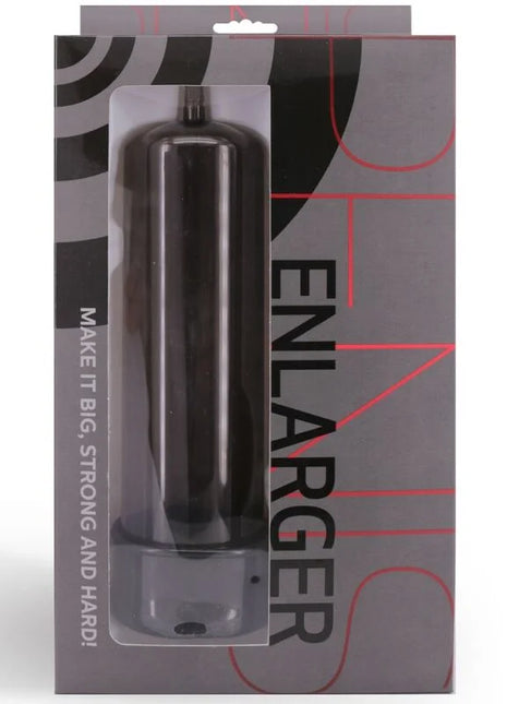 Schwarzer zylindrischer penispumpenvergrößerer aus kunststoff in transparenter verpackung mit grauem und pinkem branding von seven creations