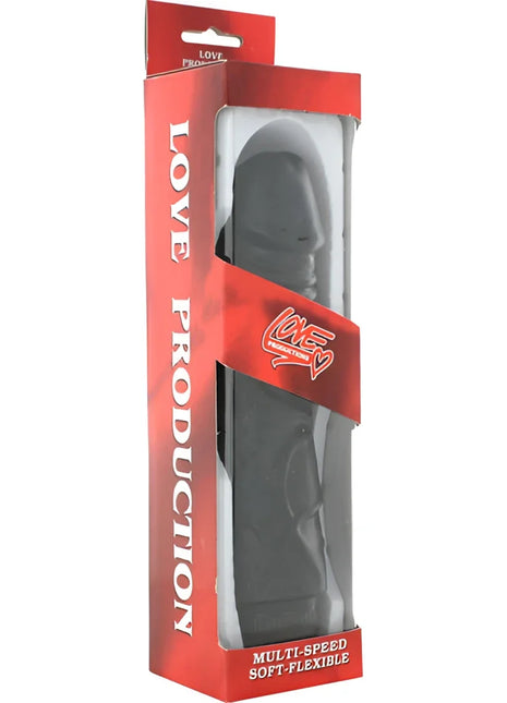 Schwarzer weicher flexibler vibrator mit mehreren geschwindigkeiten in roter love production verpackung von seven creations