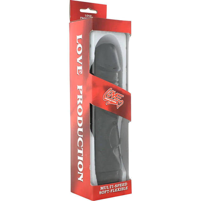 Schwarzer weicher flexibler vibrator mit mehreren geschwindigkeiten in roter love production verpackung von seven creations