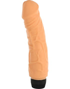 Peachfarbener silikon realistisch penisvibrator mit strukturierter oberfläche und schwarzem fuß von seven creations