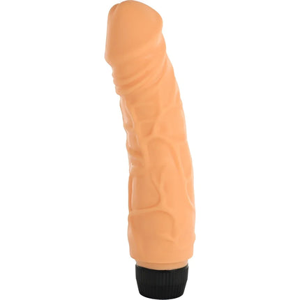 Peachfarbener silikon realistisch penisvibrator mit strukturierter oberfläche und schwarzem fuß von seven creations