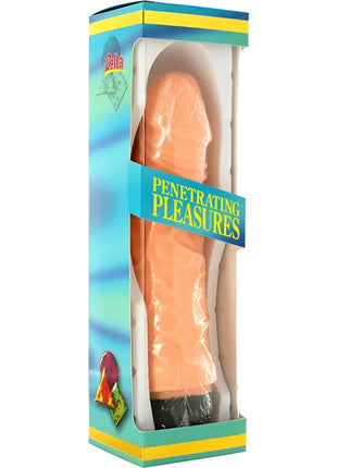 Peachfarbener silikon realistischer penisvibrator in bunter verpackung mit beschriftung Penetrating Pleasures von Seven Creations