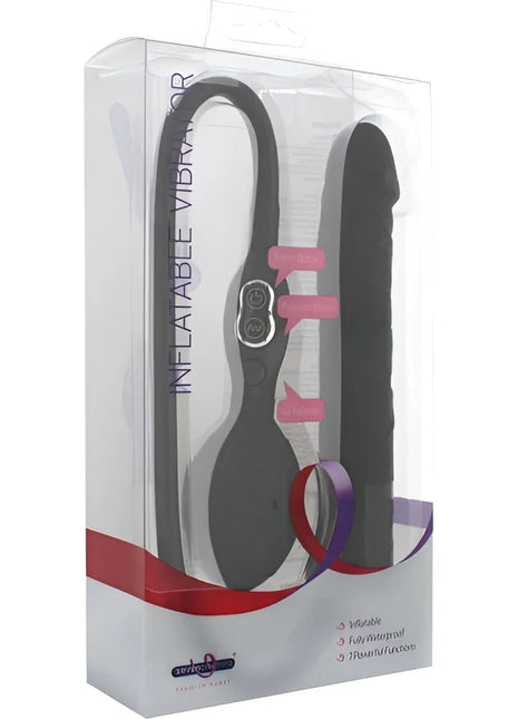 Schwarzer aufblasbarer vibrator von seven creations mit pinken clip-verschluss und silbernem steuerknopf in plastikverpackung
