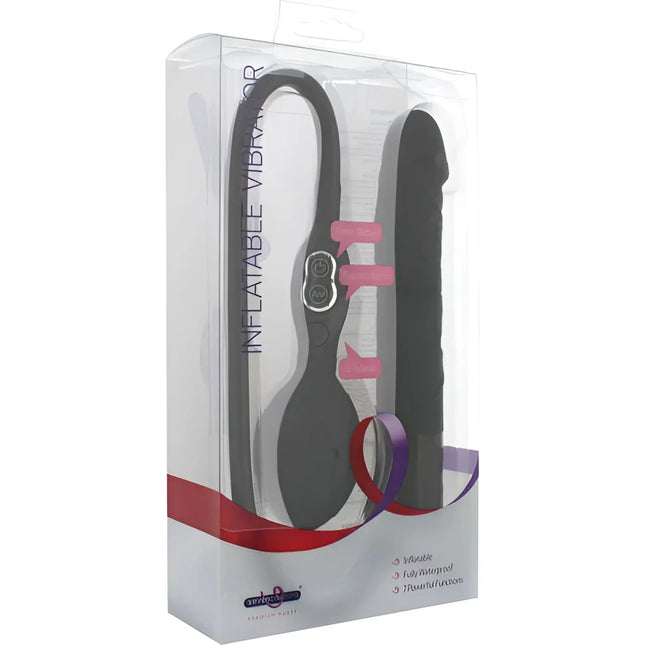 Schwarzer aufblasbarer vibrator von seven creations mit pinken clip-verschluss und silbernem steuerknopf in plastikverpackung