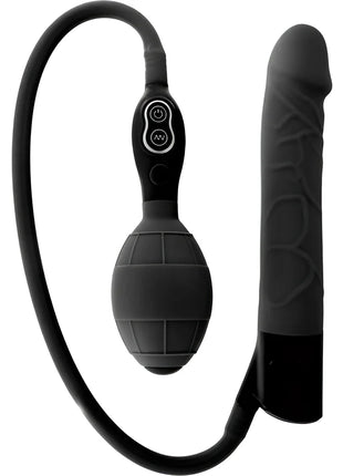 Schwarzer aufblasbarer vibrator von seven creations aus silikon mit strukturiertem griff und steuerknöpfen am pumpenventil