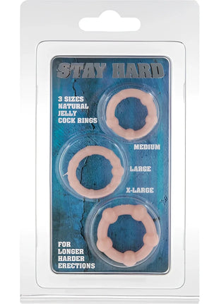 Set aus drei pfirsichfarbenen natürlichen Jelly penisringen von Seven Creations in transparenter plastikverpackung