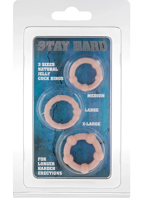 Set aus drei pfirsichfarbenen natürlichen Jelly penisringen von Seven Creations in transparenter plastikverpackung