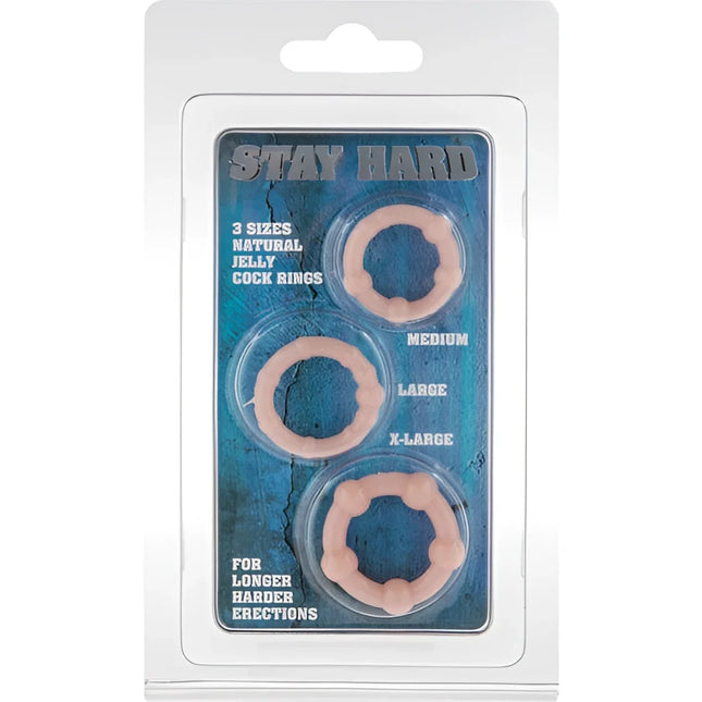 Set aus drei pfirsichfarbenen natürlichen Jelly penisringen von Seven Creations in transparenter plastikverpackung