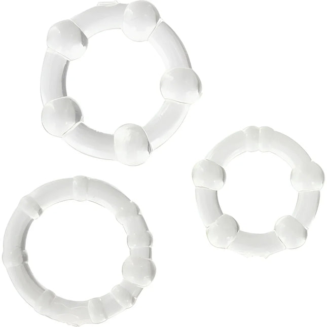 Set aus drei weißen glänzenden plastikringen mit abgerundeten erhebungen von seven creations