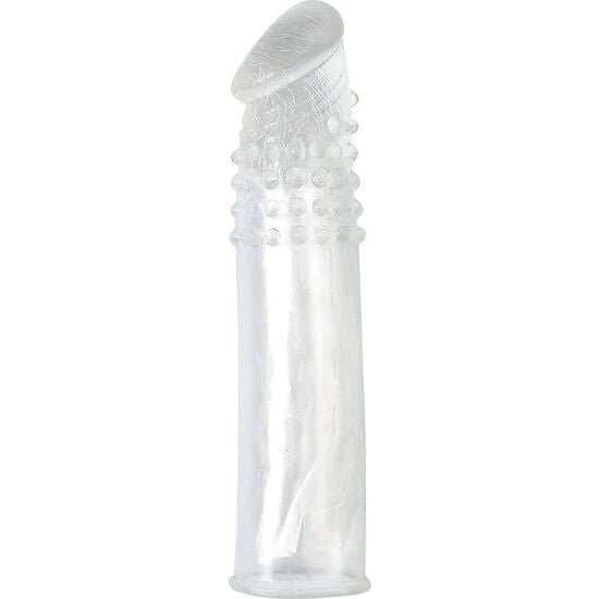 Klare, transparente latexkondom mit strukturierter, gerippter oberfläche und abgerundetem spitzen für silikon-penisverlaengerung von seven creations