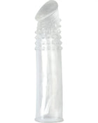 Klare, transparente latexkondom mit strukturierter, gerippter oberfläche und abgerundetem spitzen für silikon-penisverlaengerung von seven creations