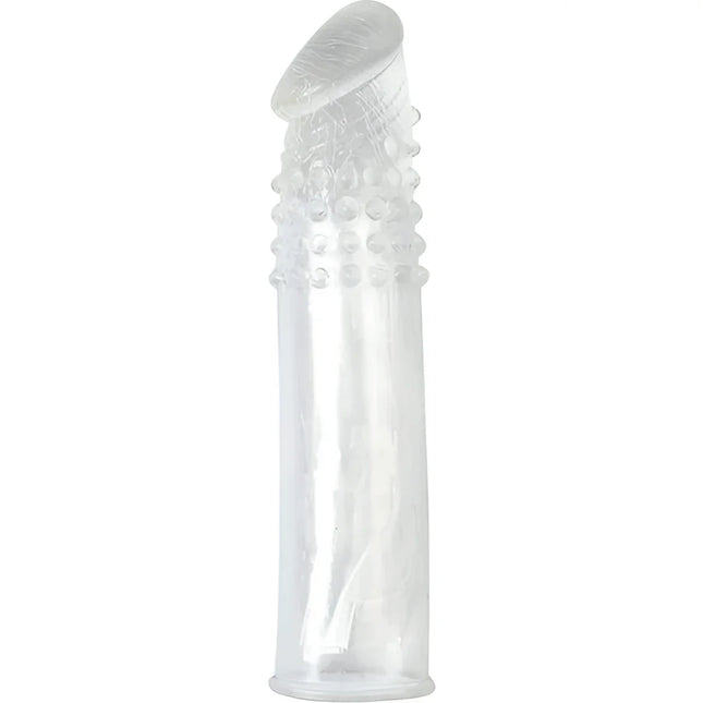 Klare, transparente latexkondom mit strukturierter, gerippter oberfläche und abgerundetem spitzen für silikon-penisverlaengerung von seven creations