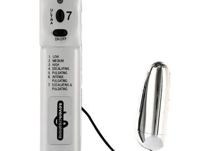Silbernes metallisches fernbedienbares vibrator ei von seven creations mit sieben intensitätsstufen und schlankem zylindrischem design