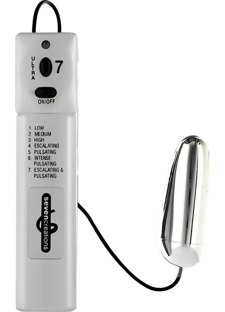 Silbernes metallisches fernbedienbares vibrator ei von seven creations mit sieben intensitätsstufen und schlankem zylindrischem design