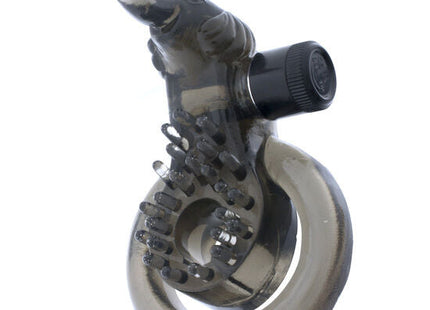 Transparent grauer silikon-elefant-vibrator mit schwarzem, strukturiertem knopf und kreisförmiger basis von seven creations