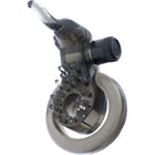 Transparent grauer silikon-elefant-vibrator mit schwarzem, strukturiertem knopf und kreisförmiger basis von seven creations