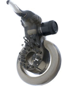Transparent grauer silikon-elefant-vibrator mit schwarzem, strukturiertem knopf und kreisförmiger basis von seven creations