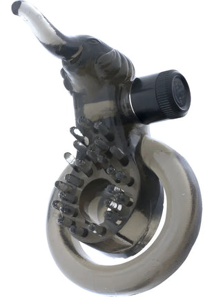 Transparent grauer silikon-elefant-vibrator mit schwarzem, strukturiertem knopf und kreisförmiger basis von seven creations