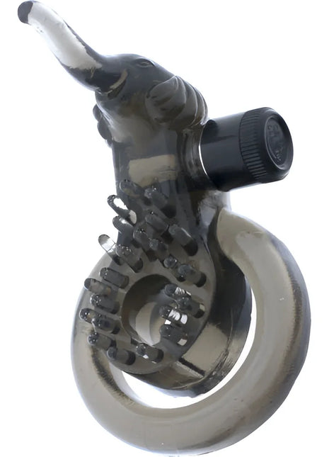 Transparent grauer silikon-elefant-vibrator mit schwarzem, strukturiertem knopf und kreisförmiger basis von seven creations