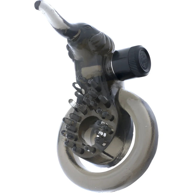 Transparent grauer silikon-elefant-vibrator mit schwarzem, strukturiertem knopf und kreisförmiger basis von seven creations
