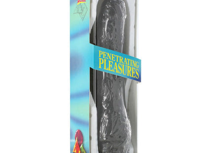 Dunkle glänzende schokoladenfigur in menschlicher form verpackt in klarem plastik der seven creations vinyl p-form vibrator schwarz penis 20 cm